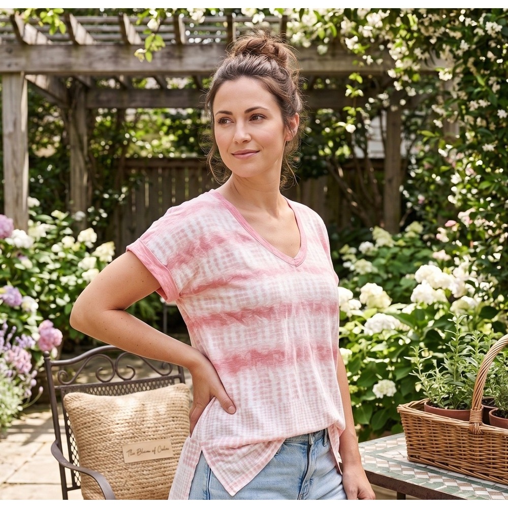 David Cline Womens Pink White Tie Dye Stripe V-Neck Short Sleeve Top Size M